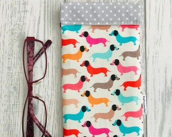 Funky Dachshund Soft Fabric Glasses Case, Snap Shut.
