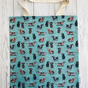 Dachshund Bag for Life, Green Dog Print. Hand held cotton eco bag, environmentally friendly, reusable shopping bag, 33x37cms