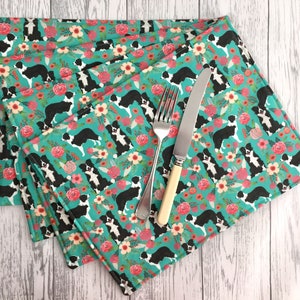 Border Collie Dog Print Fabric Table Mats in Turquoise and Pink Floral Design - Reversible, Rectangular, Home Decor, Place Mats, Set of 4.