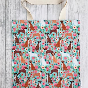 Boxer Dog  Floral Green Bag for Life, Floral Dog Print. Durable, cotton eco bag, environmentally friendly, reusable shopping bag, 33x37cms