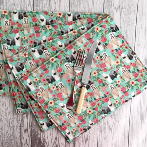 Tibetan Terrier Dog Print Fabric Table Mats  in Blue Floral Design - Reversible, Rectangular, Country Home & Living, Place Mats,  Set of 4.
