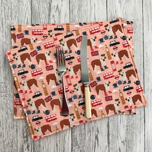 Bulldog London Print Fabric Table Mats in Peach Country Cottage Design - Reversible, Rectangular, Home Decor, Place Mats, Set of 4.