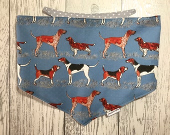 Hound Dog Blue Reversible Tie Bandana. Chic dog accessory, dog bandana, neck tie, animal print cotton fully lined, adjustable tie end length