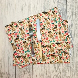 Border Terrier Floral Fabric Table Mats in Vintage Country Cottage Design - Reversible, Rectangular, Home Decor, Place Mats, Set of 4.