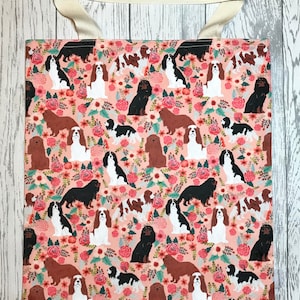 King Charles Spaniel, Bag for Life, Floral Dog Print. Durable, cotton eco bag, environmentally friendly, reusable shopping bag, 33x37cms