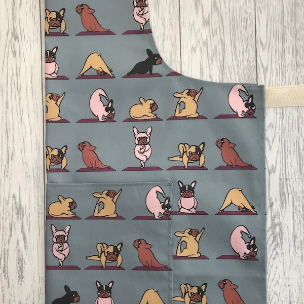 Grey Yoga French Bulldog -  Cotton Baking Apron. Apron for cooking/baking. Apron with pockets. Kitchen Accessory. Home decor