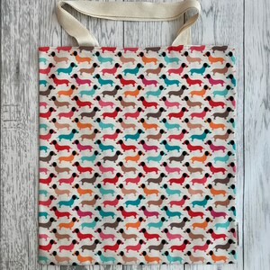 Funky Dachshund- Bag for Life, Green Dog Print. Durable, hand held cotton eco bag, environmentally friendly, reusable shopping bag, 33x37cms