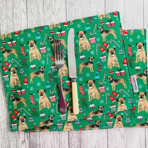 Border Terrier  Christmas Fabric Table Mats in Vintage  Country Cottage Design - Reversible, Rectangular, Home Decor, Place Mats, Set of 4.
