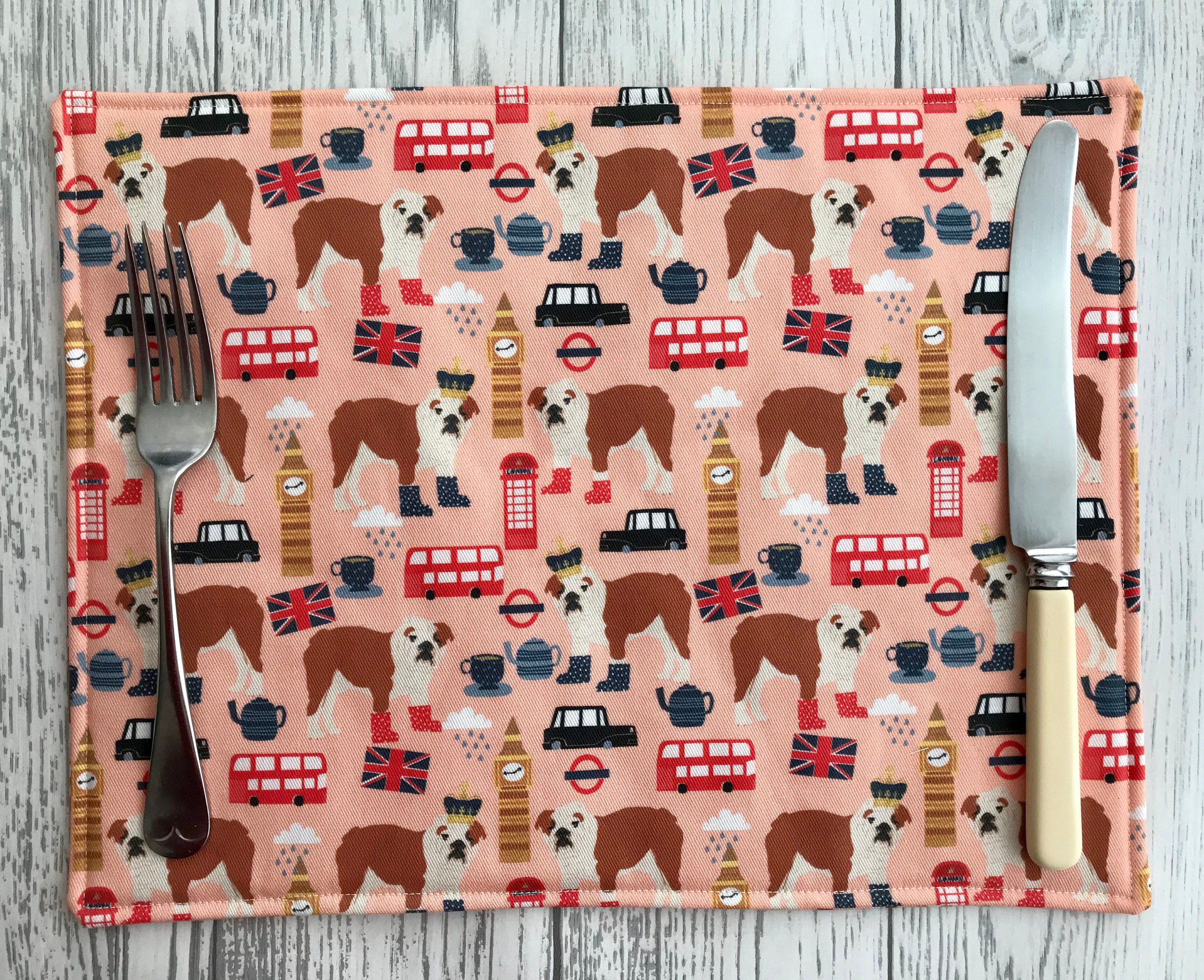 Bulldog London Print Fabric Table Mats in Peach Country Etsy UK