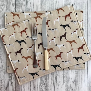 Pointer Dog Print Fabric Table Mats in Vintage Tan Country Cottage Design - Reversible, Rectangular, Home Decor, Place Mats, Set of 4.