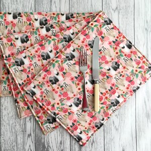 Tibetan Terrier Dog Print Fabric Table Mats  in Pink Floral Design - Reversible, Rectangular, Country Home Decor, Place Mats, Set of 4.