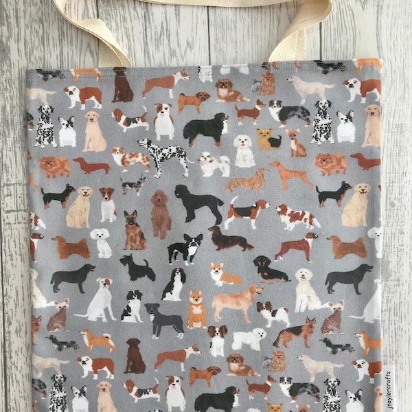 Grey Mixed Dogs - Bag for Life, Vintage Dog Print. Chic, durable, hand held cotton eco bag, environmentally friendly