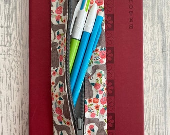 Pencil Sleeve A5 - Weimaraner Floral Fabric . Travel Pen Zipper Storage. Elastic Strap.