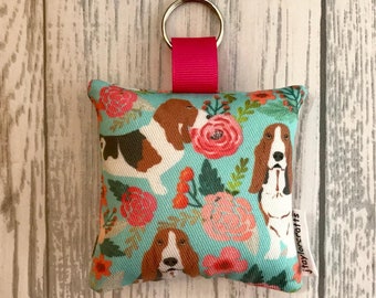 Basset Hound Print Keyring ~ Green floral cotton fabric- gift for her, thank you gift, handbag/schoolbag accessory