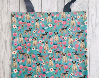 Border Terrier Bag for Life, Vintage Blue Floral Dog Print. Chic, durable, hand held cotton eco bag, environmentally friendly