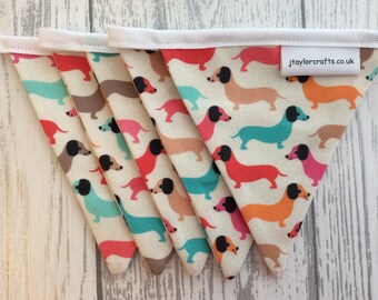 Funky Dachshund Dog Print Bunting, country cottage, cotton fabric for nursery, kitchen dresser, bedroom, home decor
