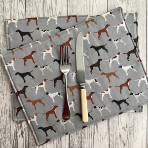 Pointer Dog Print Fabric Table Mats in Vintage Grey Country Cottage Design - Reversible, Rectangular, Home Decor, Place Mats, Set of 4.