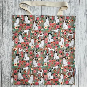 Tan floral Pointer Dog. Bag for Life, Chic, durable, hand held cotton eco bag, environmentally friendly, reusable shopping bag