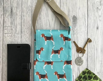 Green Beagle Dog Print Handy Compact Adjustable Shoulder Bag - dog print 100% cotton, phone bag, lined, dog walking / day trekking bag.