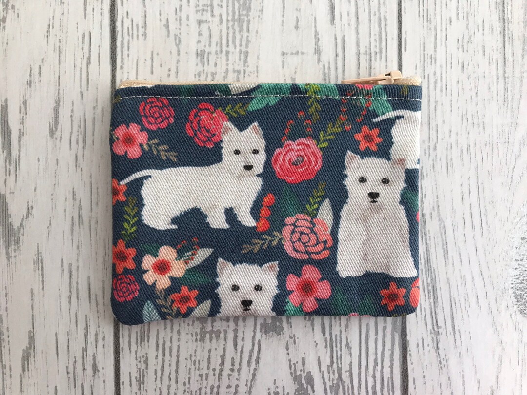 Westie Dog Blue Floral Fabric Zip Coin Purse, Bags & Purses, Dog Lover