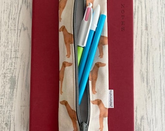 Pencil Sleeve A5 - Hungarian Vizsla  Floral Fabric . Travel Pen Zipper Storage. Elastic Strap.