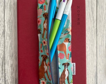 Pencil Sleeve A5 - Boxer Dog Green Fabric Floral . Travel Pen Zipper Storage. Elastic Strap.