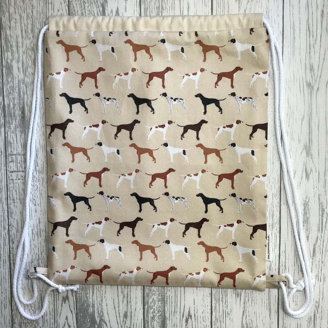 Tan English Pointer Drawstring Backpack Dog Print Fabric Handmade Bag