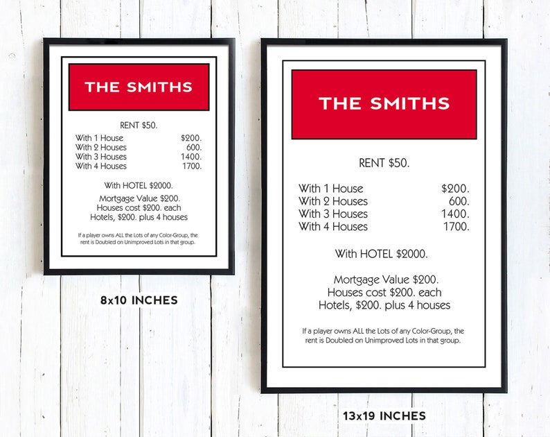 May include: Two printable posters, measuring 8x10 inches and 13x19 inches, featuring a black and white design with the band name "The Smiths" in red text. The posters include the text "Rent &pound;50." and details about the cost of houses and hotels in a board game.