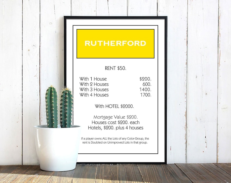May include: A black framed image with a yellow rectangle at the top that says "RUTHERFORD". The image is a property card for the game Monopoly, showing the rent costs for the property "RUTHERFORD" with different numbers of houses and hotels.