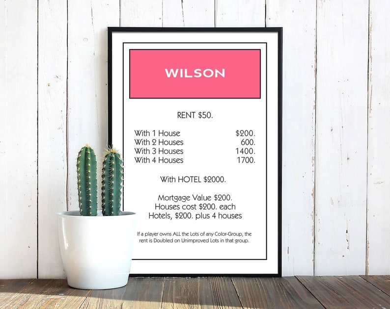 May include: A Monopoly property card for the property "Wilson" with a pink title bar. The card lists the rent as &pound;50, and the rent with 1, 2, 3, and 4 houses, as well as the rent with a hotel.