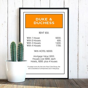 May include: A black framed print with an orange title bar that reads "Duke & Duchess". The print lists the rent for a property, as well as the cost of houses and a hotel.
