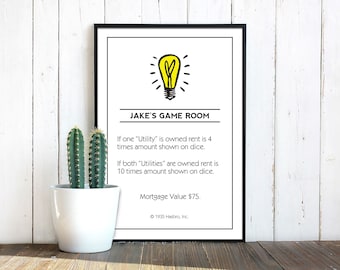 Custom Monopoly Art Poster | Personalized Electric Utilities Print | Wedding gifts, family wall art, Classic board game in Multiple Sizes