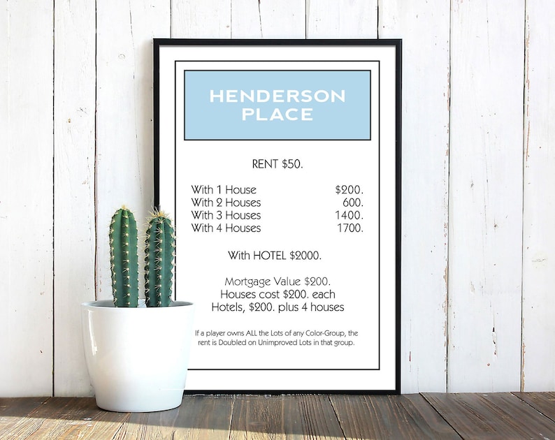 May include: A black and white printable Monopoly property card for Henderson Place. The card shows the rent costs for the property with 1, 2, 3, and 4 houses, as well as the cost of a hotel. The card also includes the mortgage value and the cost of houses and hotels.