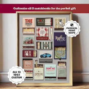 May include: A framed collection of 13 custom matchbooks, each with unique designs and text. The matchbooks are arranged in a grid, showcasing various themes and colors. The frame is gold-toned, and the background is a neutral gray.