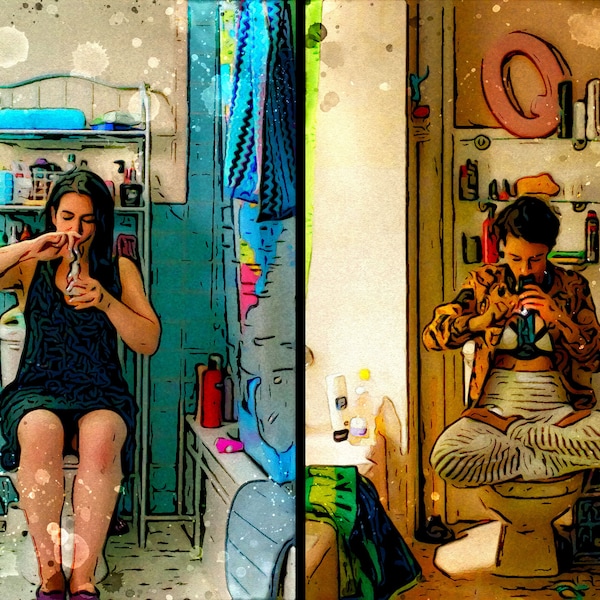 Broad City Artwork: Abbi and Ilana original art featuring Four Seasons in the Bathroom - Smoking (1 of 4)