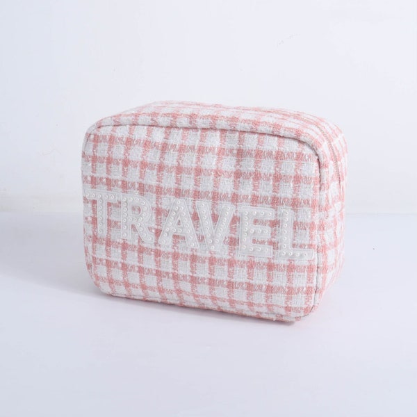 Houndstooth Tweed Plaid Bags with Pearl Letter Patches - Customize Travel Pouches