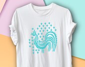 Vintage Pyrex Butterprint Graphic T-Shirt, Amish Pattern, Blue Rooster, Rockabilly Tees