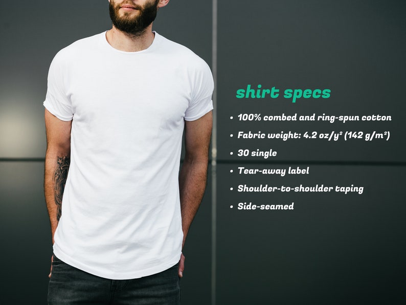 May include: White t-shirt with a crew neck and short sleeves. Shirt specs: 100% combed and ring-spun cotton, fabric weight: 4.2 oz/y&sup2; (142 g/m&sup2;), 30 single, tear-away label, shoulder-to-shoulder taping, side-seamed.