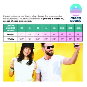 May include: Size chart for unisex t-shirts in a variety of sizes from XS to 4XL. The chart shows the length and width measurements in inches for each size. The chart is on a yellow background with a photo of two people wearing t-shirts.