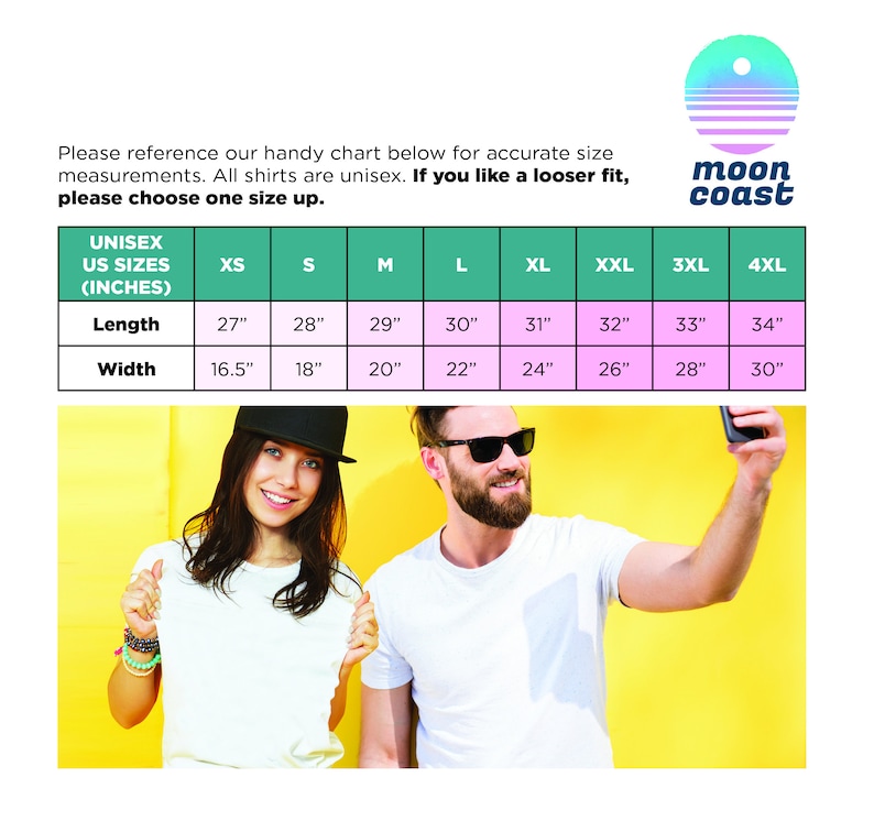 May include: Size chart for unisex t-shirts in a variety of sizes from XS to 4XL. The chart shows the length and width measurements in inches for each size. The chart is on a yellow background with a photo of two people wearing t-shirts.