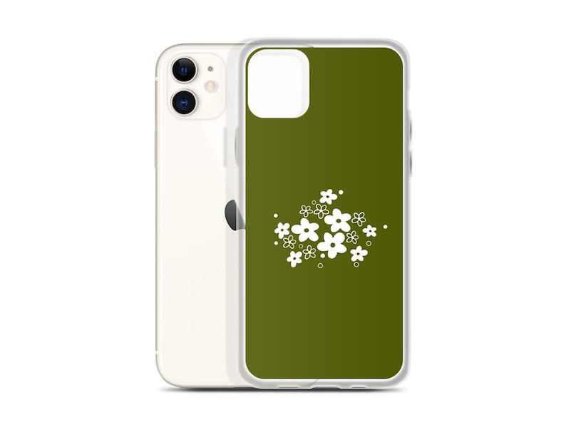Pu&ograve; includere: Una custodia per telefono bianca con sfondo verde e un design floreale bianco.