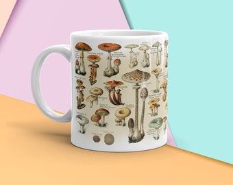 Vintage Mushrooms Botanical Coffee Mug, Fungi Coffee Mug, Herbology Vintage Kitchen, Plant Lover Coffee Mug