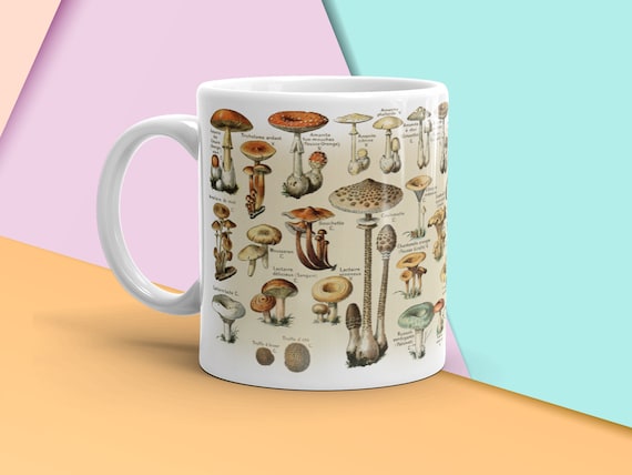 Vintage Mushrooms Botanical Coffee Mug, Fungi Coffee Mug, Herbology Vintage Kitchen, Plant Lover Coffee Mug