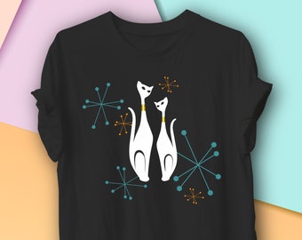 Camicia Vintage Sexton Cats, Mid Century Modern Cats, Siamese Cats, Atomic space-age design, Modern Americana