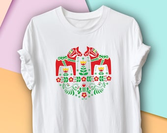 Vintage sueco Dala caballo camiseta gráfica, arte popular sueco, caballo dalecarlian, arte popular, regalo sueco