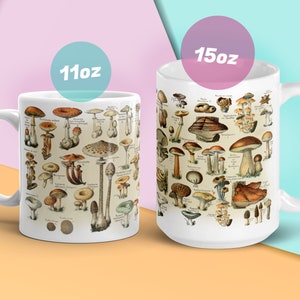 Peut inclure: Deux tasses en c&eacute;ramique blanche avec une illustration vintage de diff&eacute;rents types de champignons. La tasse de gauche est de 11 oz et la tasse de droite est de 15 oz.