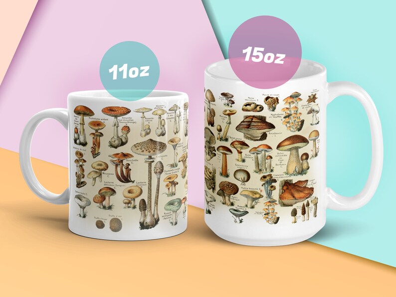 Peut inclure: Deux tasses en c&eacute;ramique blanche avec une illustration vintage de diff&eacute;rents types de champignons. La tasse de gauche est de 11 oz et la tasse de droite est de 15 oz.