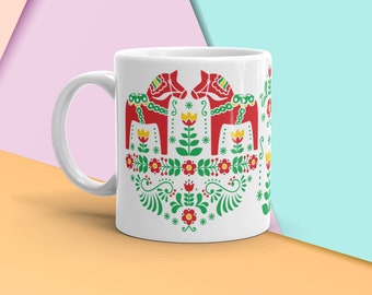 Szwedzki kubek do kawy Dala Horse, kubek do całowania, skandynawski kubek, nordycki kubek, szwedzka sztuka ludowa, koń Dalecarlian, sztuka ludowa, szwedzki prezent