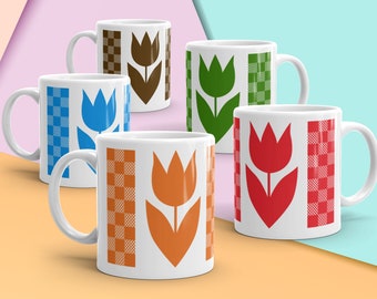 Vintage Termocrisa Tulip Coffee Mug Reproduction, Gingham and Tulips, Tea Mug, Mid Century Coffee Mug, Choice of Colors, Vintage Kitchen