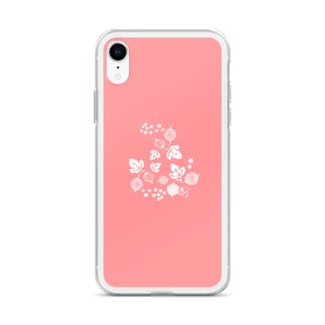 Pu&ograve; includere: Una custodia per telefono rosa con un contorno bianco di un cespuglio di ribes con bacche e foglie.